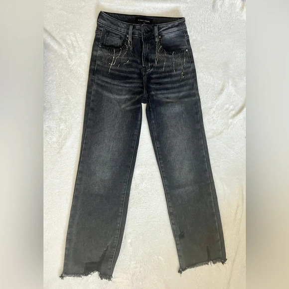 Risen Rhinestone Charcoal Straight Distressed Jean - Size 1/25 - Picture 6 of 14